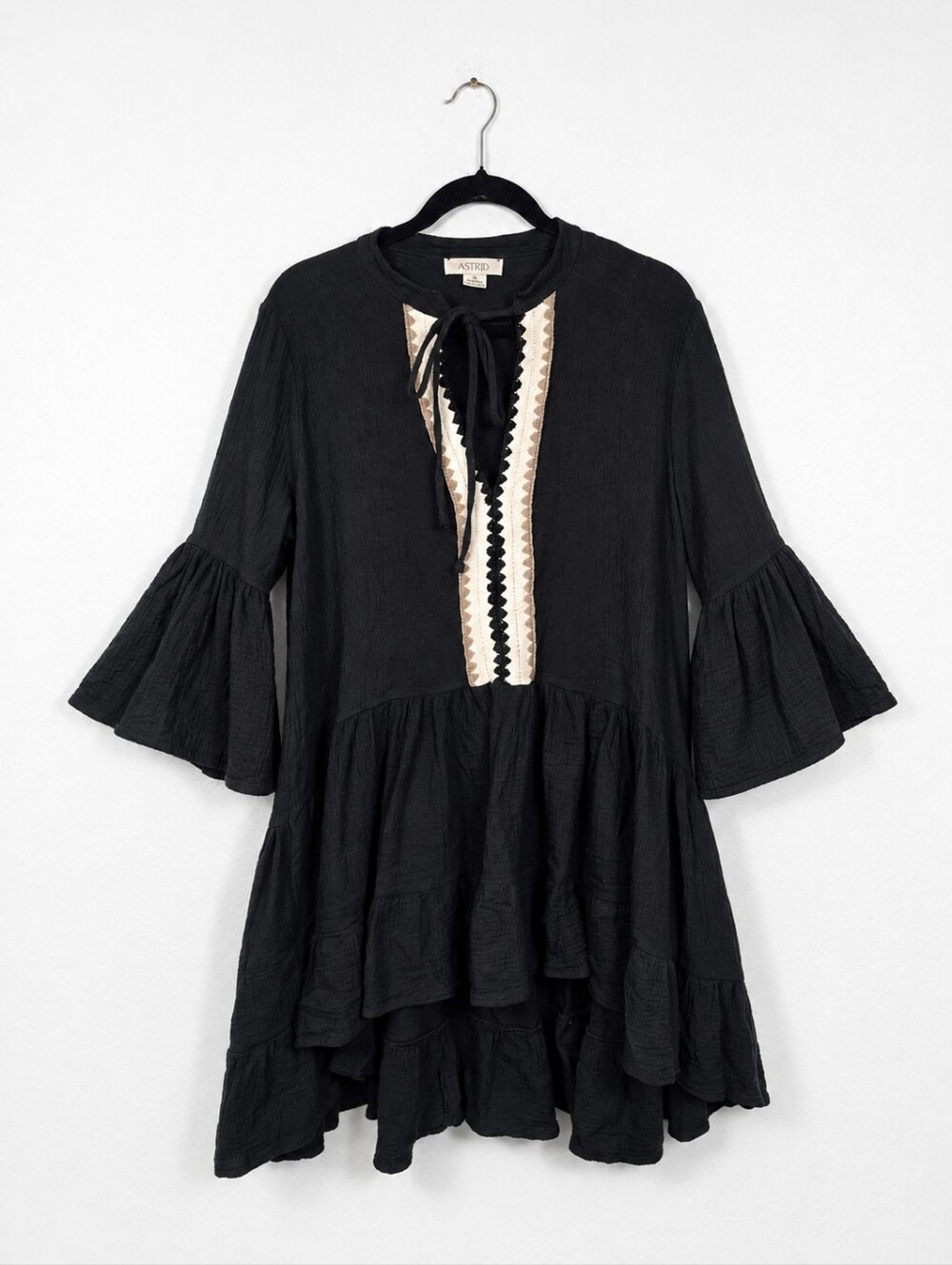 Astrid Italy Black Cotton Tiered Babydoll Tunic Dress Bell Sleeve Boho Medium